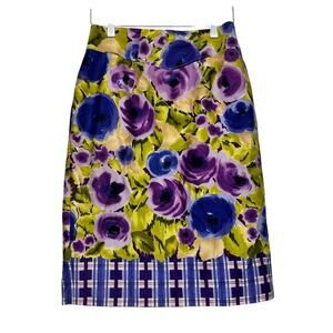 Yoana Baraschi Anthropologie Floral Pencil Skirt Size 4 Purple Blue Midi‎ Retro